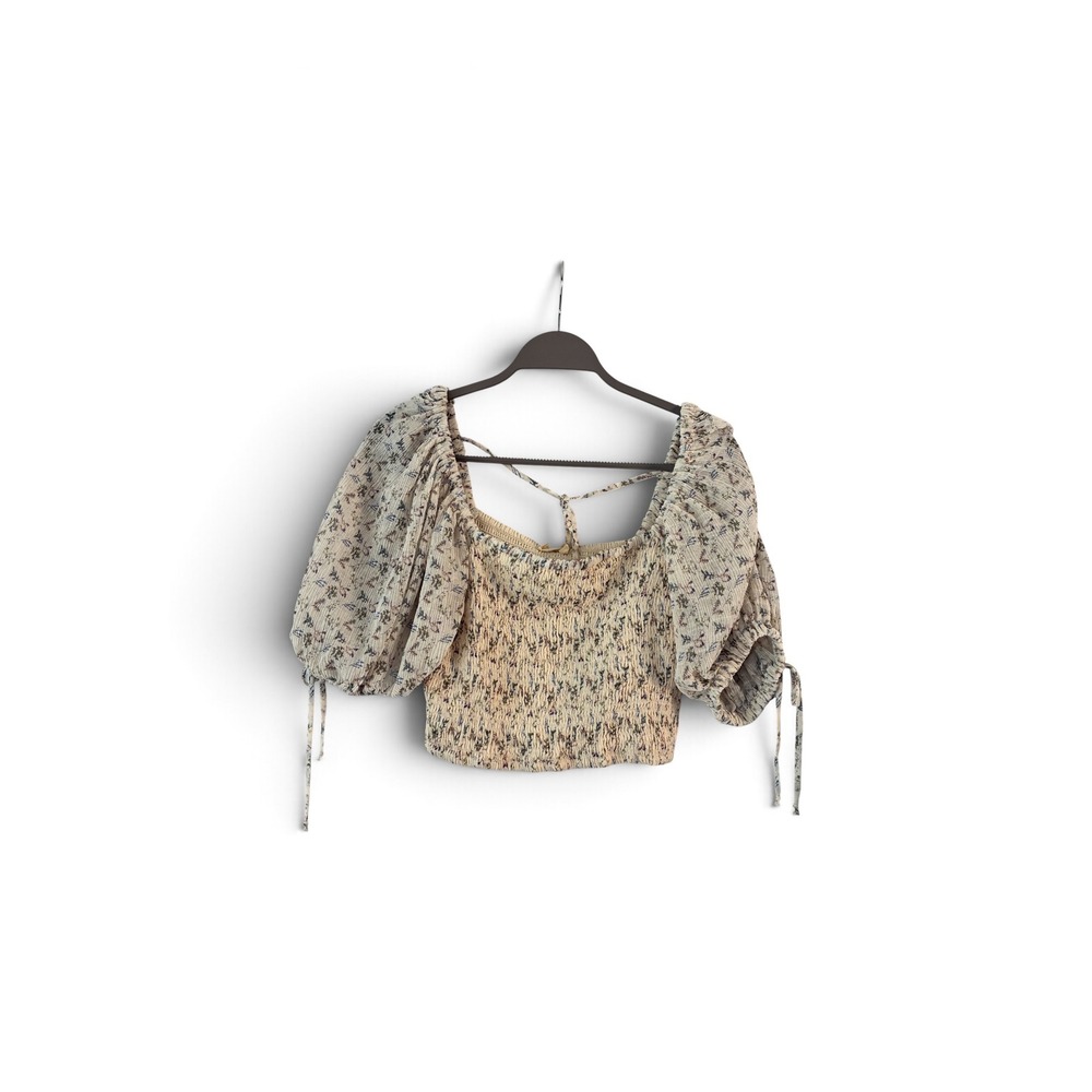 By Together Peasant Top Womens Large Ivory NWT Smocked Floral Puff Sleeve Boho